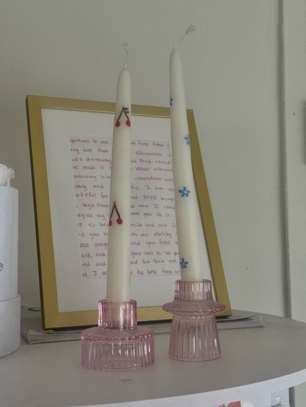 Pink Ribbed Glass Candle Holders with Decorative Taper Candles